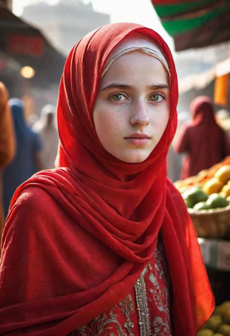 masterpiece, 1girl, In the bustling morning market, a Muslim young teenager stands adorned in a vibrant red outfit, her hair modestly covered, Her delicate visage, with perfect pale skin, is illuminated by the gentle sunlight. The intricate details of her face are revealed as she navigates the market, showcasing a minimalist and natural makeup look, 
Her attire is a fusion of cultural modesty and a splash of color, capturing attention amid the lively market atmosphere. The sunlight plays on her features, accentuating her refined appearance. The girl's posture exudes a quiet confidence, and her eyes reflect a blend of curiosity and familiarity with the surroundings,
As she engages with the market vendors, her actions and gestures are graceful and purposeful. The ambient sounds and colors of the market provide a dynamic backdrop to her presence, creating a captivating scene that combines tradition, individuality, and the vibrant energy of the morning market.