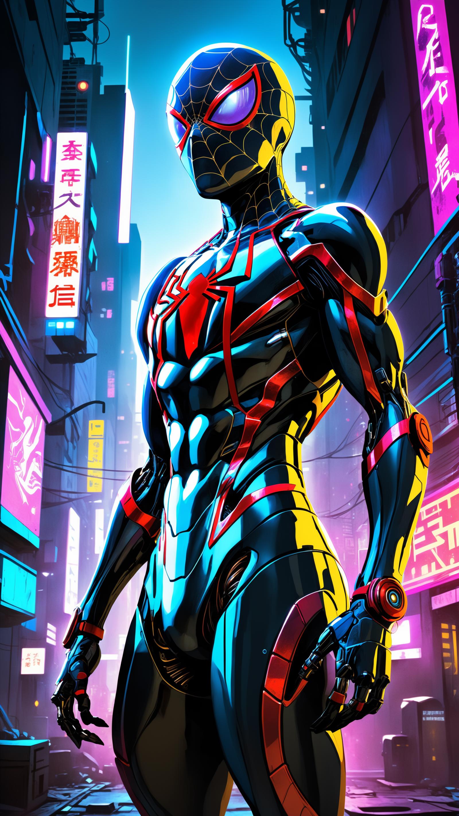 The Amazing Spider-Man in a futuristic cityscape.