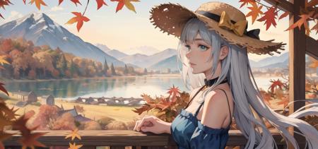 ((masterpiece:1.4, best quality))+,(ultra detailed)+,
(watercolor:1.2),
cute 1girl,straw hat,flowers,
silver hair,very long hair,aqua eyes,flat chest,
closed mouth,faint smile,
(blue dress:1.3),bare shoulders,bow,
upper body,from side,
BREAK
(depth of field:1.4),bare tree,autumn,(autumn leaves:1.4),branch,bare stones,mountains in the distance,lake,cloud,
zentangle background,scenery,yellow and red sky,autumn light