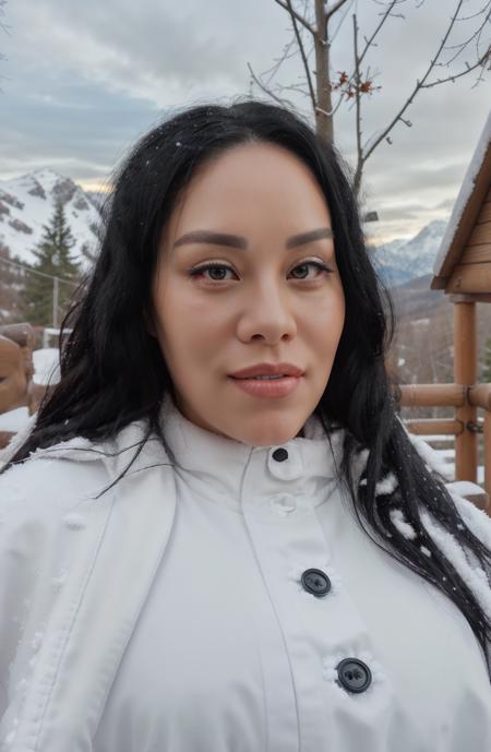 8K, HDR, Queen Rogue, masterpiece, best quality, 1girl, smile, black eyes, looking at viewer, black hair, closed mouth,  long  hair, background: snow covered mountain with trees ,solo, upper body, wearing a winter coat,  <lora:Queen Rogue-000006:1>