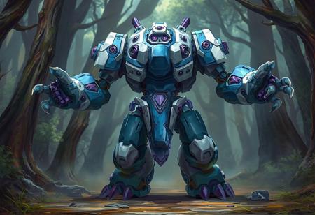 The image features a detailed, full-body view of a Gear Golem the Moving Fortress, standing in a dynamic pose with arms outstretched. The Gear Golem the Moving Fortress showcases a blue and white color scheme with purple and black accents, giving it a futuristic appearance. The background is a epic Erosion Hand Forest, allowing the rGear Golem the Moving Fortress's vibrant colors to pop. The image is expertly composed, with a focus on the Gear Golem the Moving Fortress's intricate design and lifelike details, including its expressive eyes and detailed clothing. The quality is exceptional, boasting sharp lines, harmonious colors, and vivid emotions, making it a stunning and captivating piece of art.