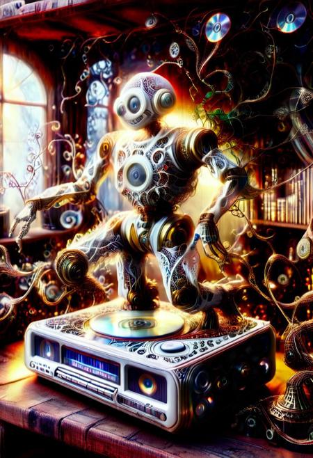 auralora, Fractangles, ral-frctlgmtry, fractal-flame, fractalex, fractalvines, PG-TR. A nostalgic scene: A (brass white vintage CD player robot, dancing, playing the title roots4my_vine:1.5) sits atop a dusty wooden shelf, glowing from inside, motionblur, surrounded by stacks of worn-out jewel cases, each containing a prized collection of CDs. The warm glow of a retro lamp made from fractal vines casts a soft light on the cluttered space, as if illuminating the memories of a bygone era. In the foreground covered in fractal vines, a few select CDs are arranged in a deliberate pattern made of cd's made out of fractangles, like a fractal, symbolizing the beauty and complexity of the music that once filled these discs. Sharp details, looking at the viewer, good mood, cheerfulness, natural light, smooth details, one ray of light