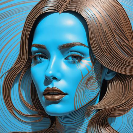 doodle art 3D, in the style of pop art-inspired portraits, interference patterns, light sky-blue and bronze, realistic hyper-detail, engraved line-work, graphic novel, face of a woman