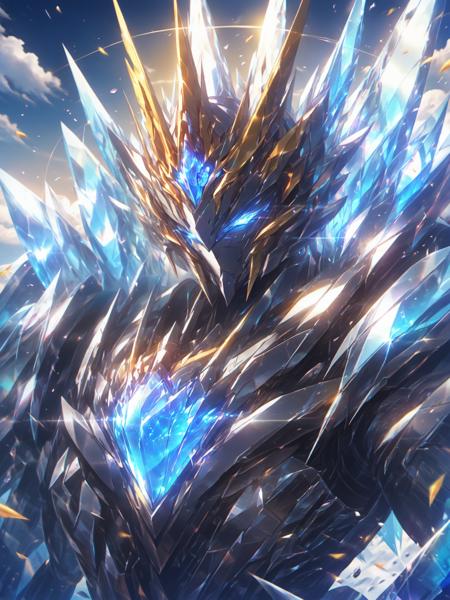 best aesthetic, lolsplashart,nijimecha,Gundam mecha made of crystal,crystal armor,crystal,sunshine,sunny day,clouds,portrait,(close-up:1.2),epic scene,masterpiece,best quality,blue theme,look at viewer
