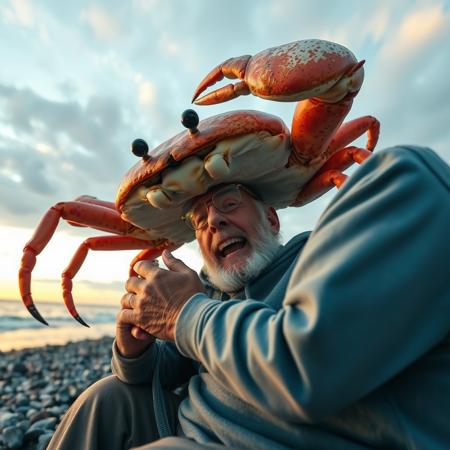 giant crab giving headpat to small happy older man, dawn, cozy, shoreline
