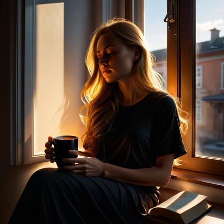 A beautiful young dark blonde woman with long flowing hair, wearing only an oversized black T-shirt is sitting in a relaxed pose on a window sill, with her back at the jamb of the window hollowing. She is reading a book with one hand while holding a mug with steamy coffee with the other hand. The morning Sun is shining through the window giving the image a nice backlit warm color cast.
