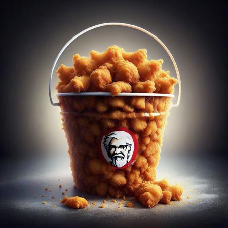 DFC, kfc bucket  made of deep fried & crispy, on a table, best quality