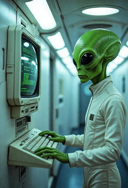 Vintage Sci-fi scene showing a slender green alien wearing a white jumpsuit stading in the hallway of a spaceship. The alien has a large green head with pure black eyes. The alien is standing facing a wall, on the wall is an old fashioned crt monitor with a segmented digital display and a keyboard hanging below it. The monitor is pertruding off of the wall. The alien with its hands resting on the keyboard. The background shows a well hallway on a scifi spaceship, the walls are pure white and lights embedded in to the ceiling create a stunning lighting effect throughout the entire hallway.