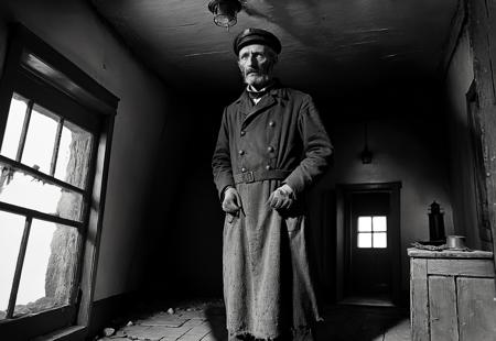 (full body:1.3),  lighthouse keeper, inside lighthouse, , vintage, 1880s, old, black and white, monochrome, fear, loneliness, , serial killer, , ugly , <lora:- SDXL - vanta-black_contrast_V3.0:1>
