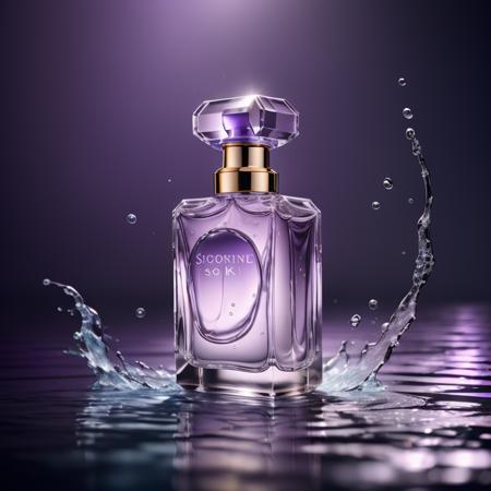 (8k, RAW photo, best quality, masterpiece:1.2),(realistic, photo-realistic:1.37),perfume,(shiny background:1.2),purple theme,water surface,<lora:cosmetics_v2:0.5>,solo focus,Product Feature,