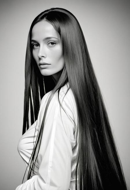 Extremely beautiful woman,very long hair, masterpiece,  1960s style portrait photograph by Richard Avedon, Rolleiflex medium format tlr