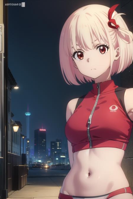 chisatonishikigi, <lora:chisatonishikigis1-lora-nochekaiser:1>, 
chisato nishikigi, short hair, bangs, blonde hair, (red eyes:1.5), hair ribbon, one side up, bob cut,
BREAK navel, bare shoulders, thighs, stomach, crop top, buruma, sportswear, zipper pull tab, red buruma, sports bikini,
BREAK outdoors, city,
BREAK looking at viewer, (cowboy shot:1.5),
BREAK <lyco:GoodHands-beta2:1>, (masterpiece:1.2), best quality, high resolution, unity 8k wallpaper, (illustration:0.8), (beautiful detailed eyes:1.6), extremely detailed face, perfect lighting, extremely detailed CG, (perfect hands, perfect anatomy),