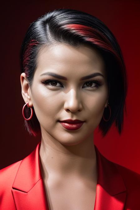 H1k4ru:3, a photoshoot of a beautiful woman, in a red tuxedo, cinematic lighting, closeup, face focus, smirk, age 30, zoomed in, slicked back hair, centered, (((low angle view))), symmetrical, tilted up camera, black hair, red gem earrings, 