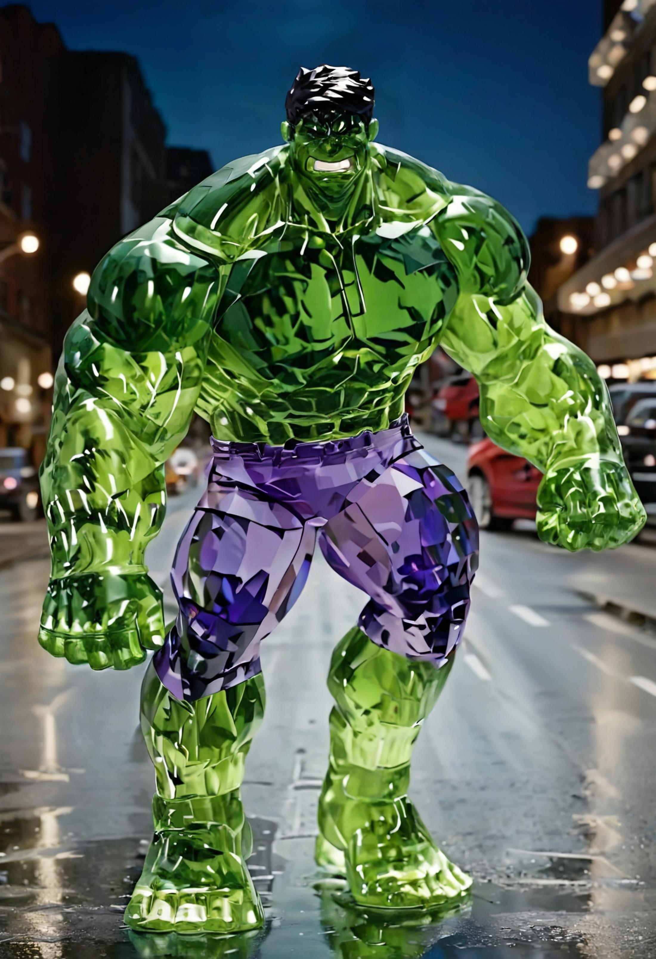 A green and purple Hulk statue on a street.