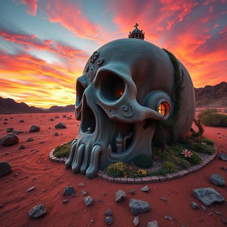 wide angle landscape image of an intricately designed, gothic-inspired house shaped like a human skull, with a grand, ornate entrance in its mouth and two circular windows resembling eyes, stands alone in a dry red dusty plain littered with jagged rocks. The  house's surface adorned with subtle, eerie carvings and intricate stonework, a neat garden surrounds the house, adorned with vibrant, curly vines and exotic flowers, as the sky above is set aflame by a vivid, pink-orange-purple sunset, casting a warm, golden glow over the entire scene
