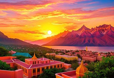 Van Gogh-inspired Post-Neo-Expressionist, A sunset over the grand mountains of Zanzibar , viewed from a the grand budapest hotel, intricately detailed, refined, defined, highly detailed, follow negative prompts,