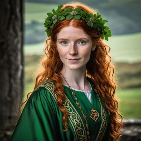 realistic, raw photo, hyper-realistic, hyper-detailed. An enchanting portrait of a beautiful 25yo redhaired woman dressed in a traditional Irish costume, complete with a flowing green dress and a Celtic knot headband. With a gentle smile and sparkling eyes, she exudes an aura of grace and elegance, embodying the timeless spirit of Irish femininity. Low-key lighting Style