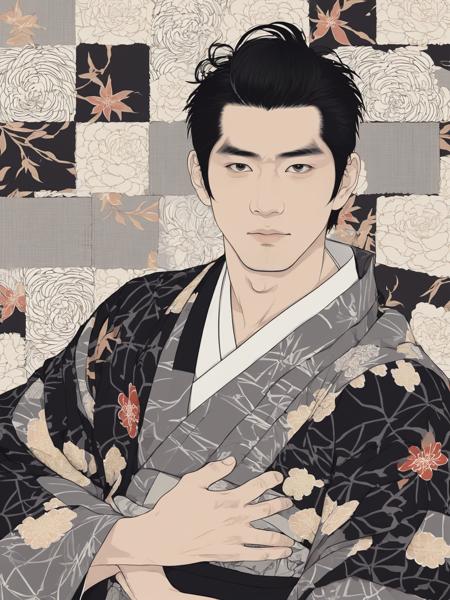 a illustration with bold outline, a man: 1, 1boy, asa no ha \(pattern\), black hair, black kimono, fence, floral print, grey kimono, halftone, japanese clothes, kimono, looking at viewer, male focus, solo, unmoving pattern, upper body  <lora:Vintage_vibes:0.8>