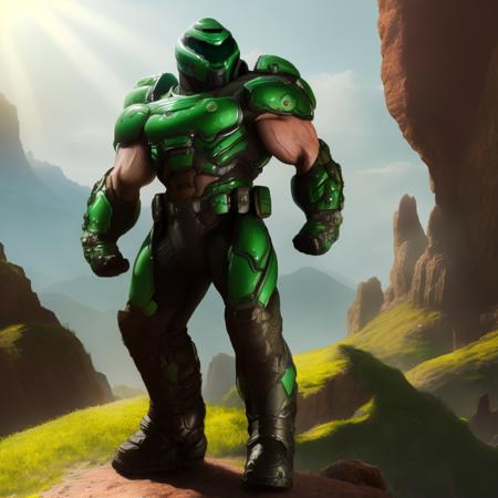 best quality, highres, absurdres, close view, accurate, solo, standing, valley, sunlight, 1boy, green armor, clenched fists, boots, helmet, muscular, slayer,  <lora:doomslayer:1>