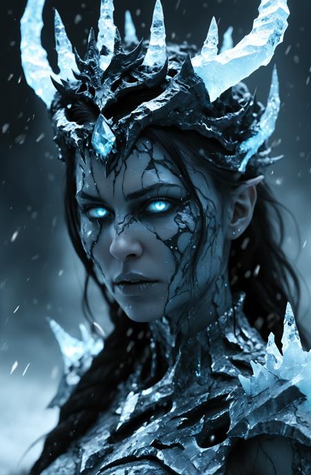 A cinematic 85mm portrait of a fierce demon queen, her skin appearing like sculpted ice, but glowing with inner molten fire. Cracks in her crystalline form reveal veins of flowing magma beneath, her jagged, horned crown dripping with frost. Her eyes burn with an otherworldly luminescence, contrasting the cold, glacial mist swirling around her. She wears an armor of shattered diamond and blackened steel, each fragment reflecting distorted images of tormented souls. Her aura pulses with chaotic energy, the air around her crackling with supernatural tension. Hyper-detailed, dark fantasy, ultra-HD.