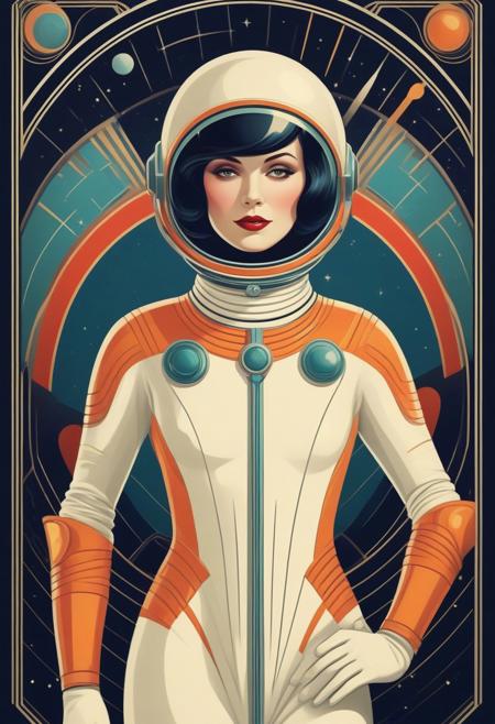 art-deco spacewoman , vibrant color palette,  bold graphics