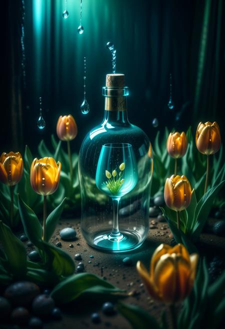 (tiny party death:1.5), ( hiding party,:1.5) , animal wearing jester's hat, daring expression, wine_glass, wine_bottle, spilled_bottle, offcial_like, masterpiece, best quality, amazing quality, cute, close-up, hollow bioluminescent cracked shell, transparent bioluminescent glass, intricate detail, golden depths, raining outside, fascination, wonder, warm tones, cool tones, high contrast, mysterious background, scattered plants, tulip garden, glowing halo, ethereal, high-definition, soft focus, dreamy atmosphere, surreal lighting, sunlight, golden hour, warm glow, earthy tones, cool blues, cool greens, magical realism, jaynl-tm, made of tulips, Necron,, electricity, green glow, green theme,