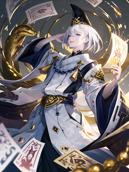 masterpiece,best quality,highres,cinematic lighting,dramatic angle,1boy,<lora:ShadowverseKuonV1-000025:0.8:lbw=jiangshi3>,white hair,short hair,blue eyes,tate eboshi,blue headwear,white dress,clothing cutout,ribbon,tassel,looking at viewer,evil smile,shaded face,parted lips,wide sleeves,kariginu,straight-on,holding,close-up,depth of field,beads,talisman,black hakama,dynamic angle,magic,ofuda,holding ofuda,casting spell,golden snake,one hand  over head,one arm over head,straight-on,shushing