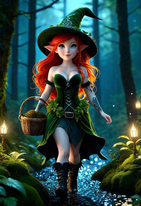 Ultra detailed digital art masterpiece Forest Gnome woman dressed in a green moss and brown leaves, cute ginger Squirrels, running down the mysterious night of the dark forest, a cute magical creature like a Forest Gnome standing in the foresta, dark fantasy. perfect lighting, elegant, unreal engine 5 nanite quality, mixed with dark elements, dark environment, very dark night, clean dark velour witch clothing, dark washed out eyeliner, no make up, natural face, realistic blue eyes, ultra detailed atmospheric details, beautiful glowing effects, sparkle effects, realistic body proportions, beautiful face proportions, complex masterpiece, wavy red hair, creative glowing detailed tattoos, complex physics, enhanced colors, complimentary colors, ultra detailed raytracing reflections, Ultra detailed complex background, environment feels alive, direct eye contact, dramatic lighting, wet and sweaty skin, beautiful firm Breasts, Concept art portrait by Greg Rutkowski