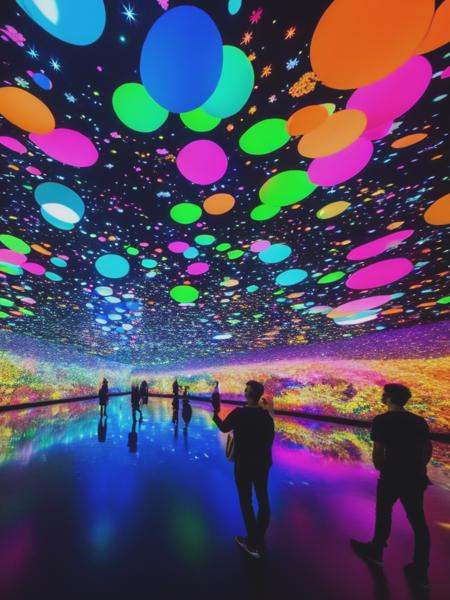 <lyco:teamLab:1.0> Crez une installation lumineuse captivante, s'inspirant du style du collectif teamLab, qui mle harmonieusement des lments lumineux et des vgtaux. Plongez les visiteurs dans un monde d'illusions et de couleurs vibrantes o l'art, la technologie et la nature se rencontrent. Imaginez des structures lumineuses organiques qui s'intgrent parfaitement avec des plantes luxuriantes, crant un paysage immersif en perptuel mouvement. Les lumires colores se dploient  travers les feuilles et les fleurs, crant des effets visuels enchanteurs et des jeux de lumire magiques. L'installation invite les spectateurs  explorer la symbiose entre la lumire et la nature, offrant une exprience artistique captivante et immersive.