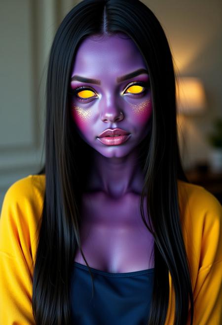 Photographic portrait of a beautiful alien woman with solid yellow eyes, dark purple skin, long straight black hair. She is wearing a short yellow sweater over a dark blue sundress. glitter blush