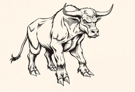 fantasy, ink art, comic style art, bull is standing with four feet, front ape's feet has 3 claws, muscular , looking at viewer, half side view