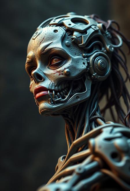 full body image of a gorgeous biomechanical zombie realistic woman, highly detailed and textured, low angle, very realistic and impressive, fantastic dramatic color, 4K, HDR, SHARP