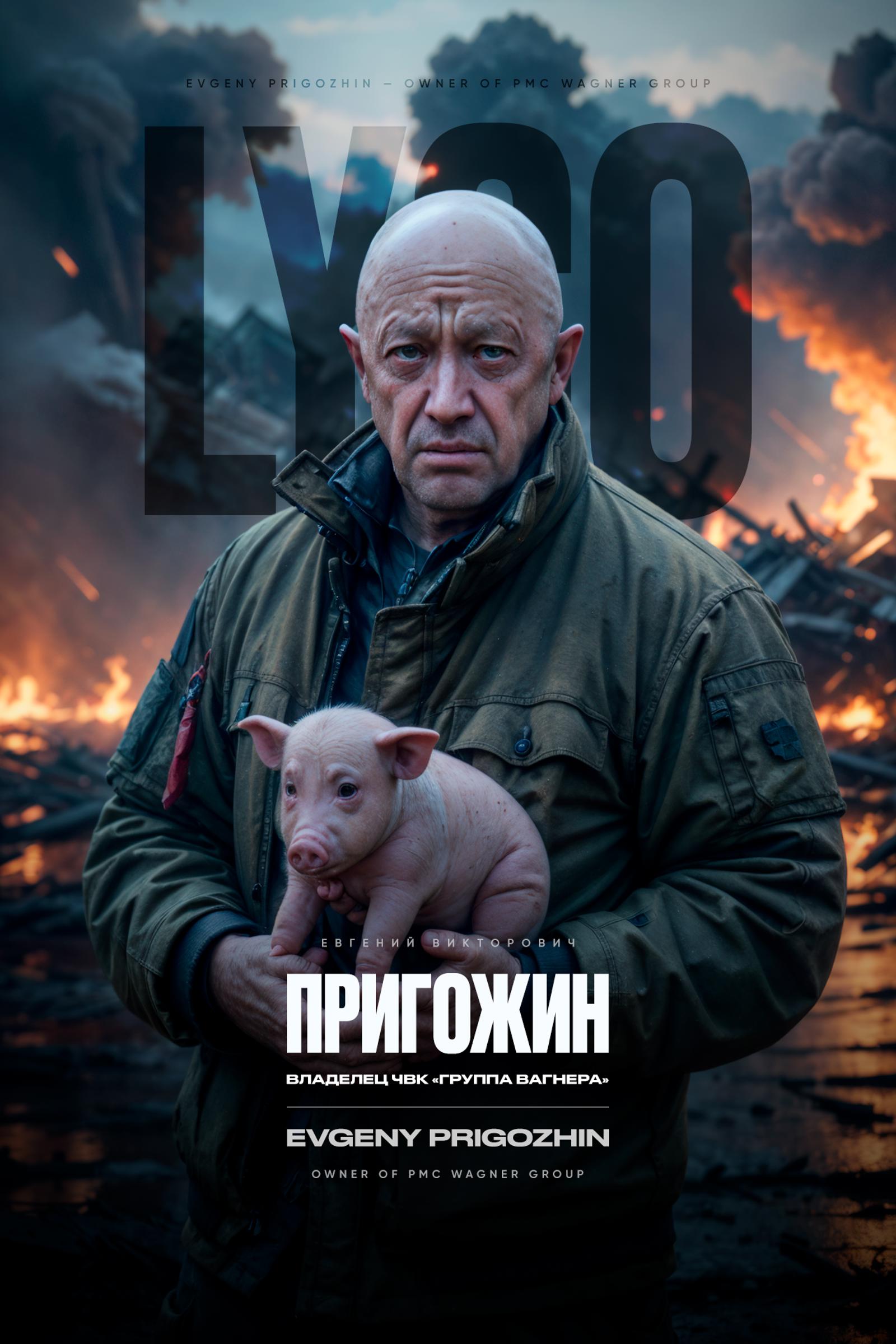 A bald man in a jacket holding a small pig in his arms.
