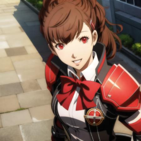 Kotone Shiomi, masterpiece, 1 girl, Persona style, Kotone Shiomi, brown hair, red eyes, red bowtie, cheerful smile, impeller, hair clip, in a school courtyard, heavy armor