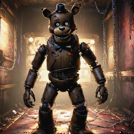(masterpiece:1.4),full body shot, five nights at freddy's, animatronic, exposed wiring, broken, horror:1.2, digital painting, smooth lines, detailed background,Cinematic Lighting,cg trending art, <lora:xl_more_art-full_v1:1.2> <lora:more_details:0.89>