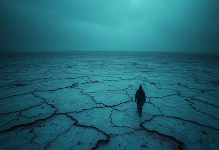 Dark horror themed image of an endless featureless landscape without light of any kind. The ground is bare and burns the feet of those stranded there by its salt and acidity. It is cold and dark. Everyone feels endless hunger, thirst, cold, fear, tiredness, and aches from the lack of joy. Always on the distant unseen horizon the denizens of this purgatory can hear the howls of the emotionally tortured that know they will never be free of this abandonment. The endless nothing is only ended by the willing sacrifice to be consumed by the great roiling evil that waits for the damned to be exhausted. wandering people driven mad