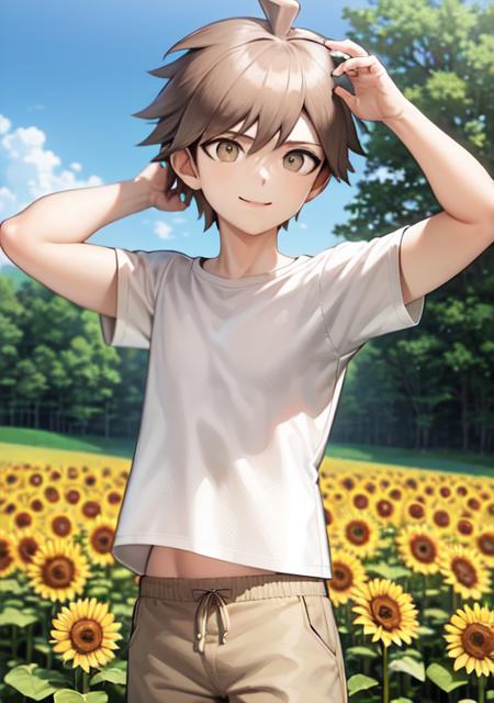 masterpiece, best quality, 1boy, short hair, brown hair, ahoge, beige pants, shorts, short sleeves, (white t-shirt:1.2), <lora:MakonaeA-06:0.55>, blue sky, sunflower, smile