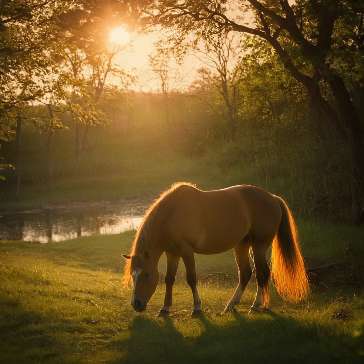 cinematic film still of  <lora:Warm Lighting Style:1>
warm light,a horse is standing in the grass by a stream,warm lightin...