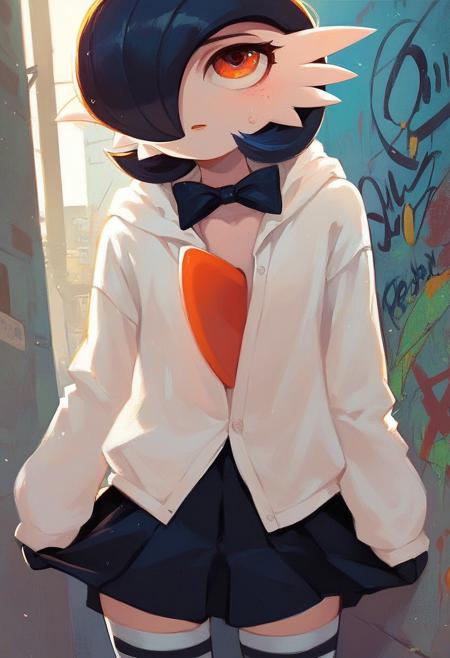 (score_9, score_8_up, score_7_up), ((gardevoir)), 1male out of frame, Pokemon, black hair, petite, light freckles, oversized hoodie, White shirt, bowtie, black skirt, striped thigh-high socks, gothic, exhausted, looking up, sweat leaking, very detailed,  detailed background, outside, ally, graffiti, night, volumetpric lighting, vivid colours, Expressiveh, g0thicPXL, glowing, cowboy shot from above, ((professional photo)), close up, impressionistic oil painting, urban style, withe light, sunny day