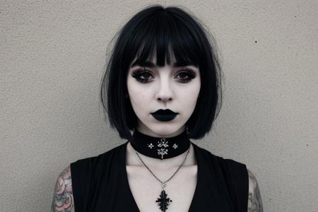 Teen brunnete nordic goth girl | tattoo | dark | Adult | On street | High quality | gothic makeup | realistic | informal | cute girl | bob cut hair | choker | solo | black hair | A mysterious look | piercing | black gloves | Informal clothes