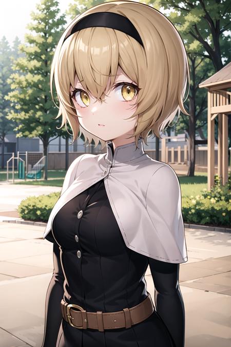 jshnpkr,hairband,yellow eyes,  1girl, solo,bags under eyes, medium breasts,full color, brown hair,blonde hair, 
long sleeves, belt, capelet,dress, looking at viewer, upper body, <lyco:jshnpkr_any45_lh:1>
park,trees ,playground sand box