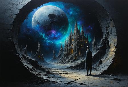 Painterly dark fantasy illustration, style of Brom and Zdzisław Beksiński. Medium close-up: A figure fused from cracked porcelain doll fragments and rusted clockwork gears, hunched posture, gazes intently into a shimmering obsidian orb glowing with internal nebula-like light. Within the orb, a sharp, miniature vision: a sprawling cityscape meticulously constructed from iridescent, shifting beetle wings. Dramatic moonlight casts stark highlights on cracked porcelain and corroded metal, contrasting deep abyssal shadows. Visible, textured brushstrokes. Swirling chromatic dust motes obscure the background. Atmosphere of detached fascination, impossible construction, dreamlike logic.