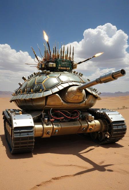 desert, tank turtle, made of Transistors, sky,  cloud, ray, sun, combat, multiple missiles