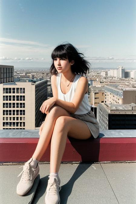 anime style,1girl with big 80's hair and bangs, grain , film grain , fine heavy grain  sit on a rooftop , film grain:1