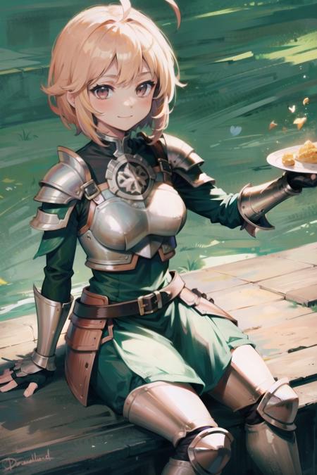 armor, 1girl, solo, sitting, smile, looking at viewer, faulds, breastplate, shoulder armor, helmet, simple background, pauldrons, bangs, short hair, blush, closed mouth, full armor, gauntlets, ahoge, plate armor, arm support, medium hair