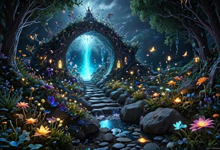 (Isekai anime style.Anime coloring.(0.9))In a whimsical world, a beautiful fairy garden blooms with vibrant flowers and sparkling fountains. A delicate, crystal bridge spans a gentle stream, leading to a majestic tree with leaves that shimmer like diamonds. A friendly, fluffy rabbit hops along the winding path, surrounded by fluttering butterflies and sweet, singing birds. The garden is filled with hidden treasures, like a tiny, glowing fairy door and a secret, shimmering cave. A soft, fluffy cloud drifts lazily across the sky, casting a warm, gentle shadow over the garden. The air is filled with the sweet scent of blooming flowers and the soft, soothing sound of gentle chimes. It's a peaceful, magical place where dreams come alive and wonder waits around every corner.master_class,master_piece,up_8,up_9,perfect beautiful,perfect beautiful early morning light.