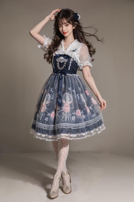 best quality, masterpiece, photorealistic, 1girl, solo, full body, standing, long black straight hair, blunt bangs, looking at viewer, smile, cyb dress, high heels, white thighhighs, arm up, simple background, <lora:beautiful_dress_collection_vol1_style1:0.7>