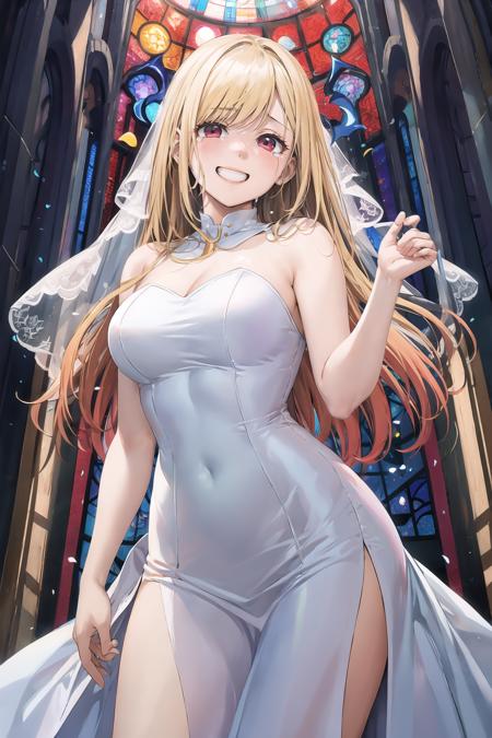 masterpiece, best quality, highres, kitagawa marin, 1girl, blonde hair, long hair, multicolored hair, red eyes,  wedding dress, in a chapel, dynamic lights,  <lora:kitagawa_marin_v1-1:0.7>, grin, smile, joy, tears in eyes, standing, cowboy shot,  <lora:Marushin-Style-000120:1>