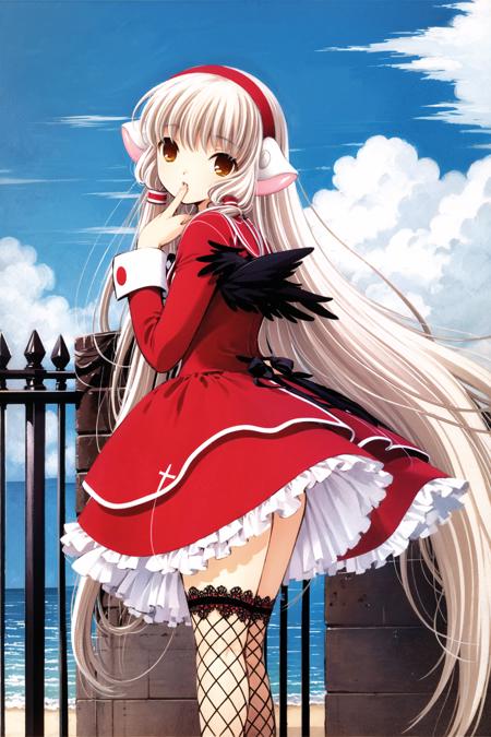 Freya, 1girl, solo, long hair, thighhighs, very long hair, frills, day, blonde hair, bow, brown eyes, wings, dress, sky, looking back, cloud, outdoors, robot ears, finger to mouth, fishnets, fishnet thighhighs, tree, boots, fence, long sleeves, high heels, looking at viewer, hair bow, hair tubes, shoes, ribbon, <lora:Chobits:0.9>