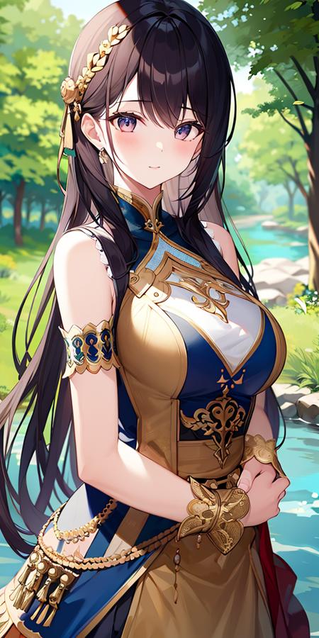 1girl, <lora:sd-No.405v2-000002:0.8>,forest, river, ornate clothes, upper body,, masterpiece, best quality,